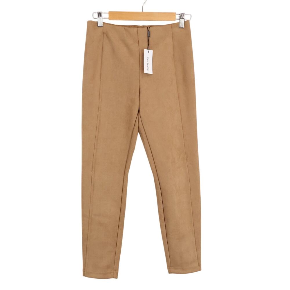T Tahari Faux Leather Suede Tapered Straight Leg Camel Pant Small Petite NWT